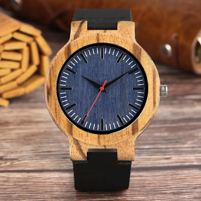 

Retro Wood Watch Men Unique Navy Dial Bamboo Watches Black Leather Military Sports Clock Male Quartz Wrist Watch Reloj Hombre