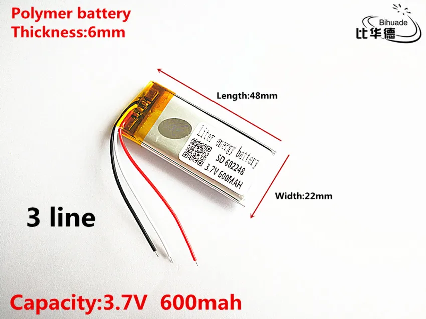3 lijn Goede Qulity 3.7 V, 600 mAH, 602248 lithium Polymeer ion/Li-Ion batterij voor SPEELGOED, POWER BANK, GPS, mp3, mp4