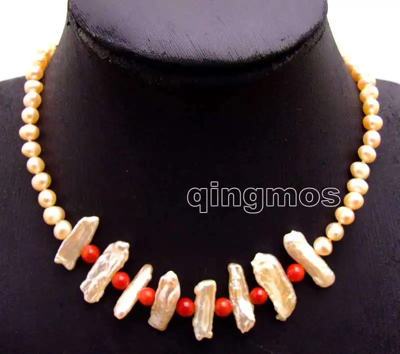 Qingmos 6-7mm Pink round Natural pearl and 15-25mm Biwa Pearl & 6-7mm Red Coral 17'' Necklace-nec6168 Wholesale/retail Free ship