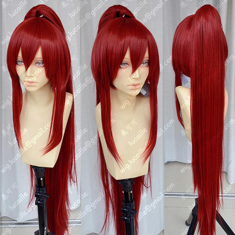 39 ''100cm lungo vino rosso Erza scarlatto resistente al calore coda di cavallo capelli Anime Cosplay Costume parrucca + parrucca gratuita Cap