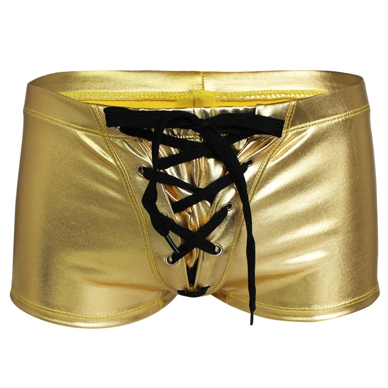 YiZYiF Sexy Men Boxer Short Fetish Underwear Panties Shiny Patent Leather Exotic Drawstring Metallic Boxer Shorts Swimwear Beach