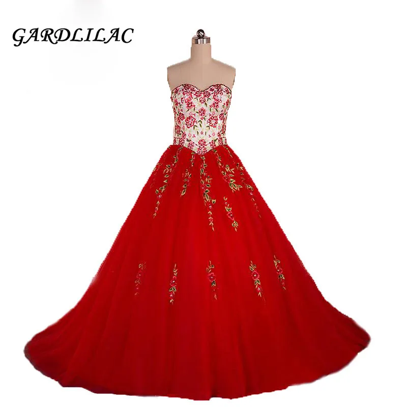 Vestido de baile rojo bordado, quinceañera, baile de graduación, largo, con cordones, 15 años, 2019