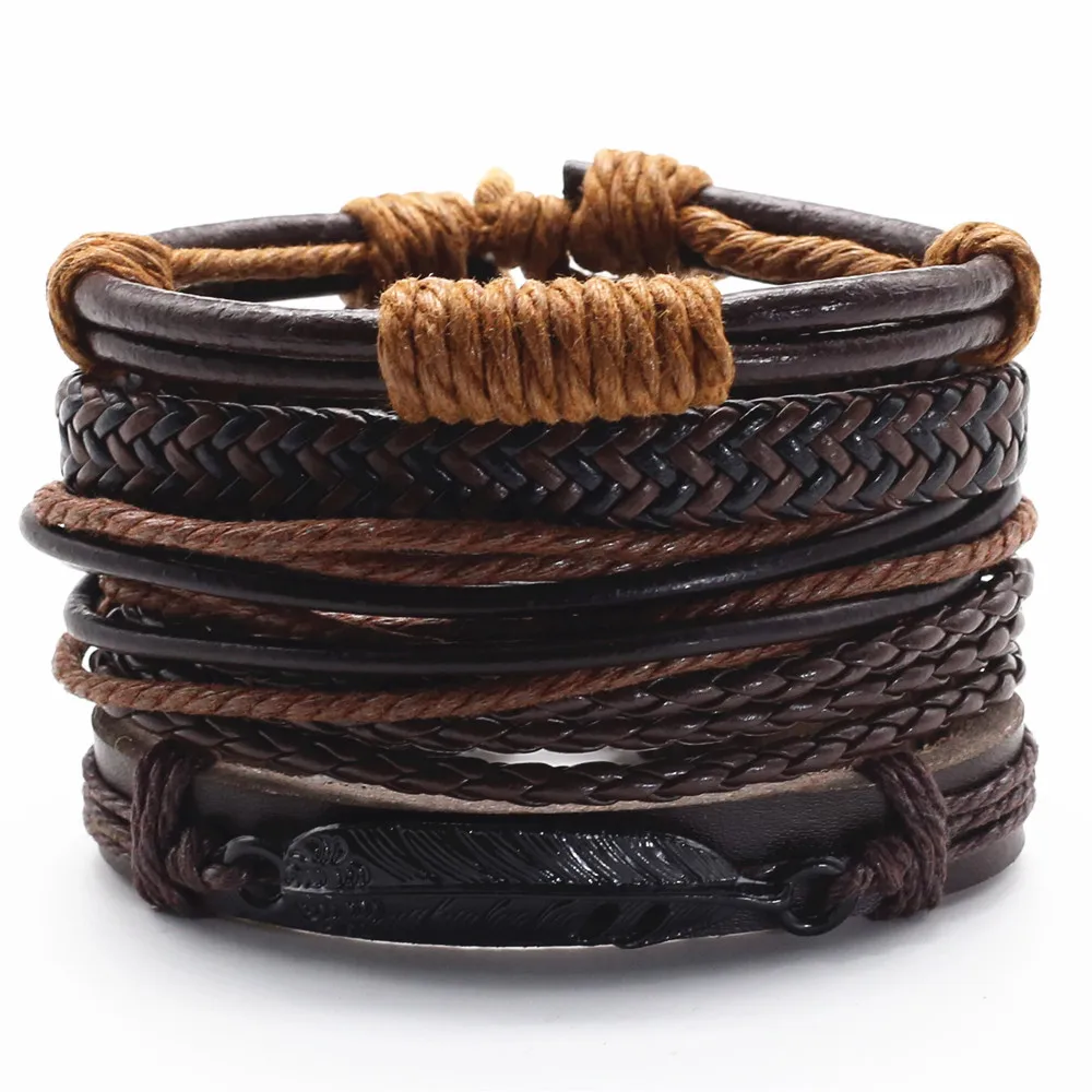 5 Pcs/set Punk Casual Woven Leaf Feather Wing Guitar Charm Wrap Men Leather Bracelets Women Homme Femme Male Jewelry