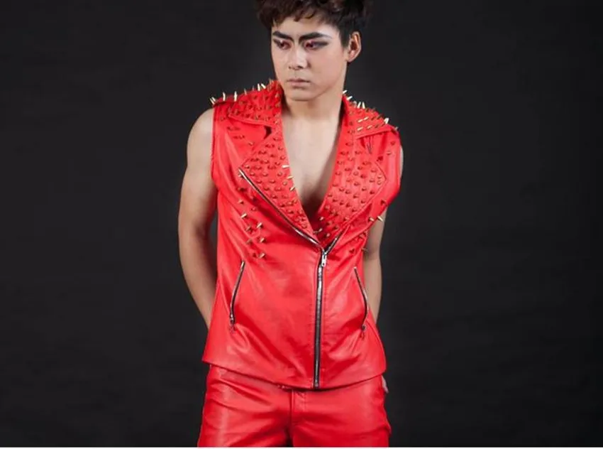 New style Male singer nightbar ds costumes Rivet Motorcycle Leather Vest  hip-hop fashion vest