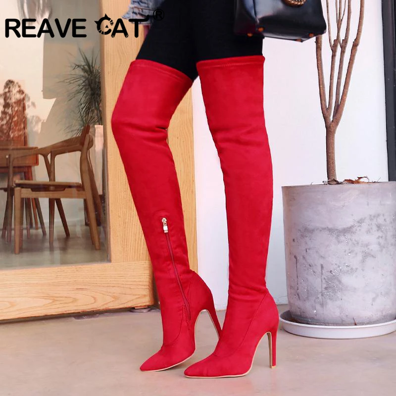 

REAVE CAT brand woman thin high heel boots large size 31-43 autumn over the knee boots thin high heels sexy party footwear black