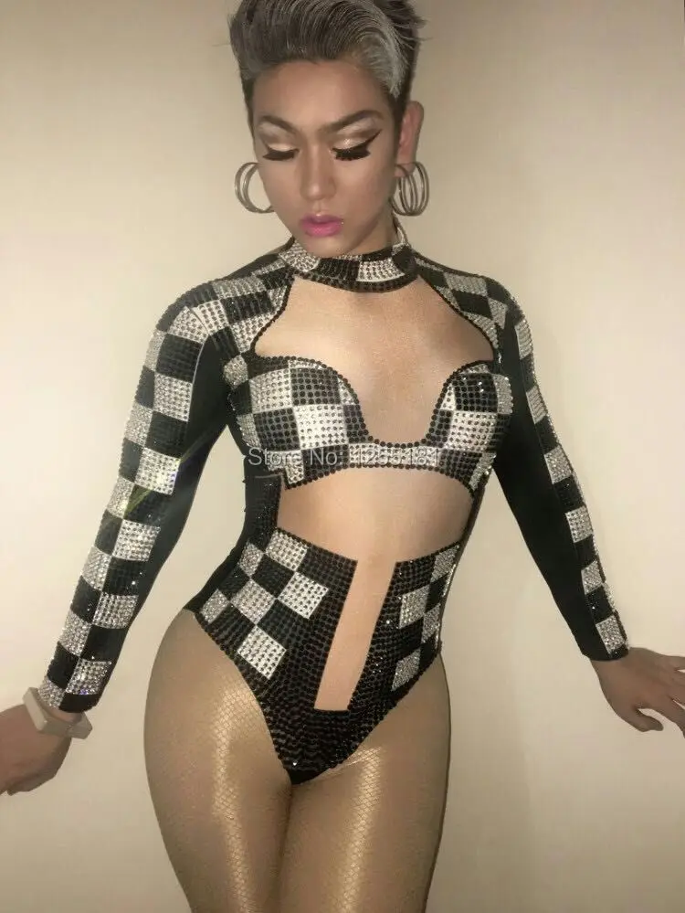 Fashion Crystals Black White Grid Rhinestone Leotard Celebrate Outfit Dance Stage Show Nightclub Costume Singer Bodysuit Wear