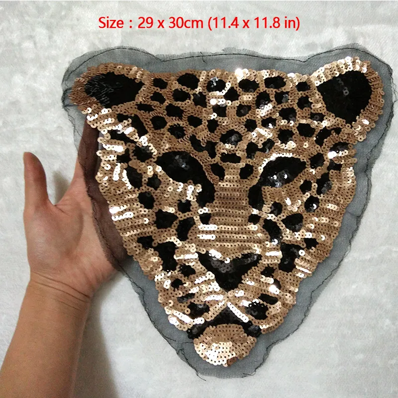 Sequins patch leopard head DIY clothes patches for clothing Sew-on embroidered patch motif beaded applique deal with it crafts