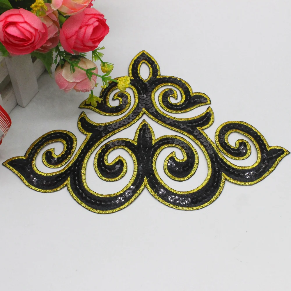 1 Piece Sequin Appliqued Gold Embroidery Patches Trims Iron on Cosplay Costumes Dress Dcoration 13*19cm