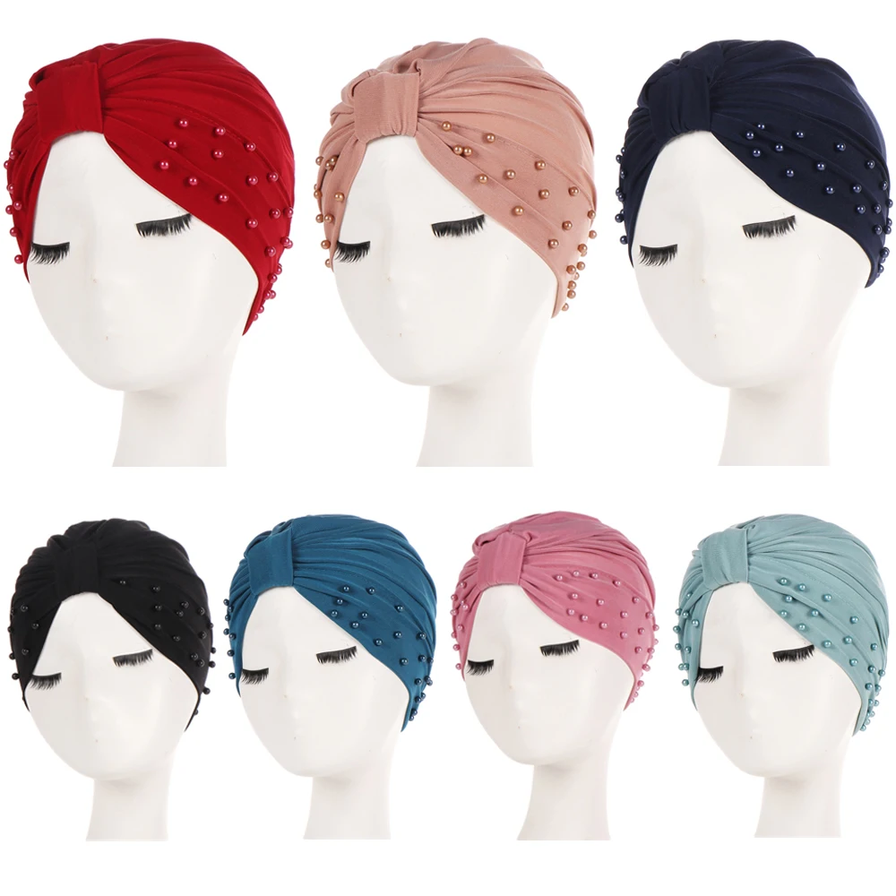 Women Bead Pearl Solid Color Elastic Hair Head Wrap Caps Ladies Turban Hats HATQD0047