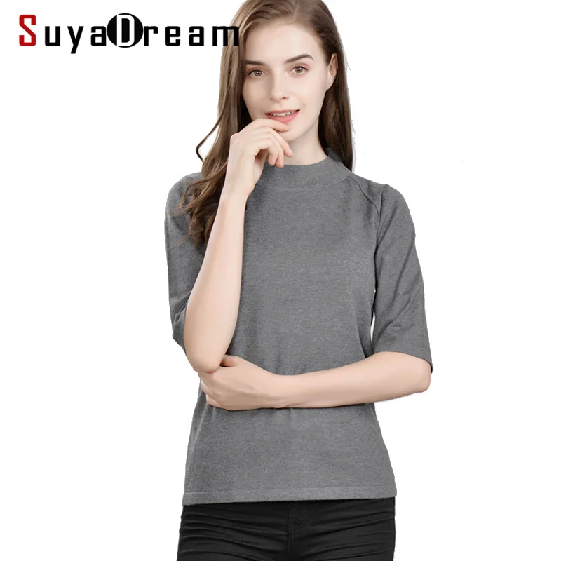 SuyaDreamWomen Pullovers 85%Real Silk 15%Cashmere Half Sleeved Sweaters For Women 2021 FALL Winter Bottoming Knitwear Navy