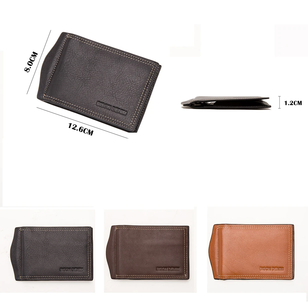 BISON DENIM Cow Leather Wallet Men Money Purse With Zipper Coin Pocket ID Card Genuine Leather Mini Purse For Men W9348