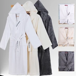 Thick Pure Cotton Night Gown Plain Color Bathrobes Embroidery Robes Unisex Long-sleeve Absorbent Terry Bathrobe Hooded Pijamas