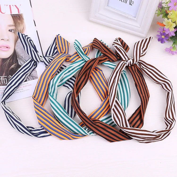 High Quality Cotton Striped Headband For Women Lady Knotted Bow Rabbit Ear Stretch Hair Accessories