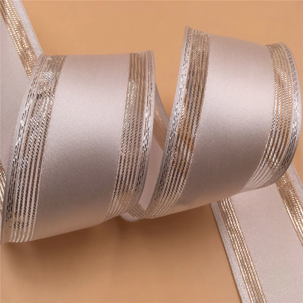 

63mm X 25yards Wired Christmas Satin Ribbon with Stripes Silver Lurex Edges for Gift Box Wrapping N2196