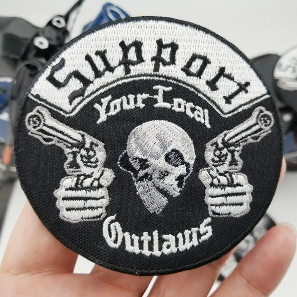 Support your local outlaws motorcycle patch embroidery iron on skull bones biker custom for jacket free shipping