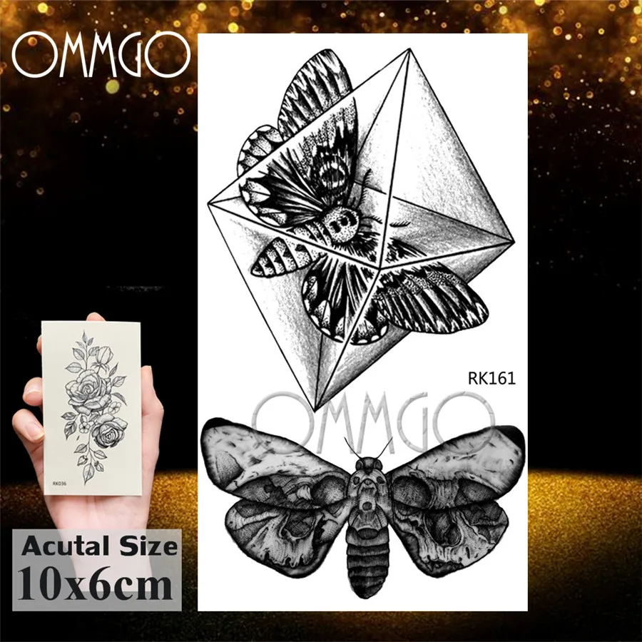 OMMGO Geometric Butterfly Moth Pendant Temporary Tattoos Sticker Anchor Diamond Circle Rhombus Tatoos Body Art Black Fake Tattoo