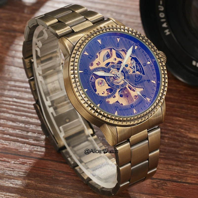 Skeleton Automatic Mechanical Men Watch 2020 Bronze Retro SHENHUA Stainless Steel Self-Wind Male Wristwatches Relogio Masculino