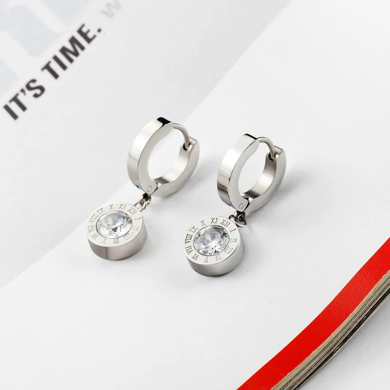 New Titanium Steel High Quality Beautiful Roman Numeral Gold Color Inlaid 6mm Drop Earrings For Women Best Earring Jewelry Gift image 5