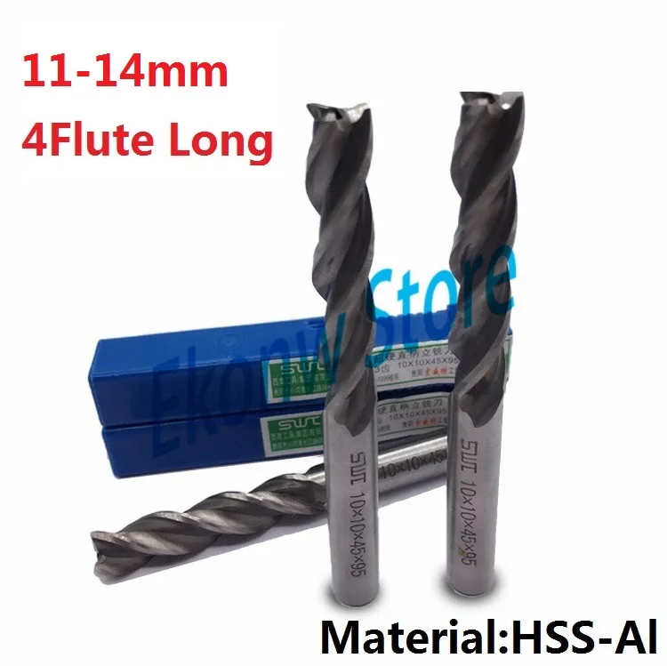 2pcs 11mm 12mm 13mm 14mm Extended lengthening Long End Mill ,Four Flute HSS & Aluminium End Mill Cutter CNC Bit