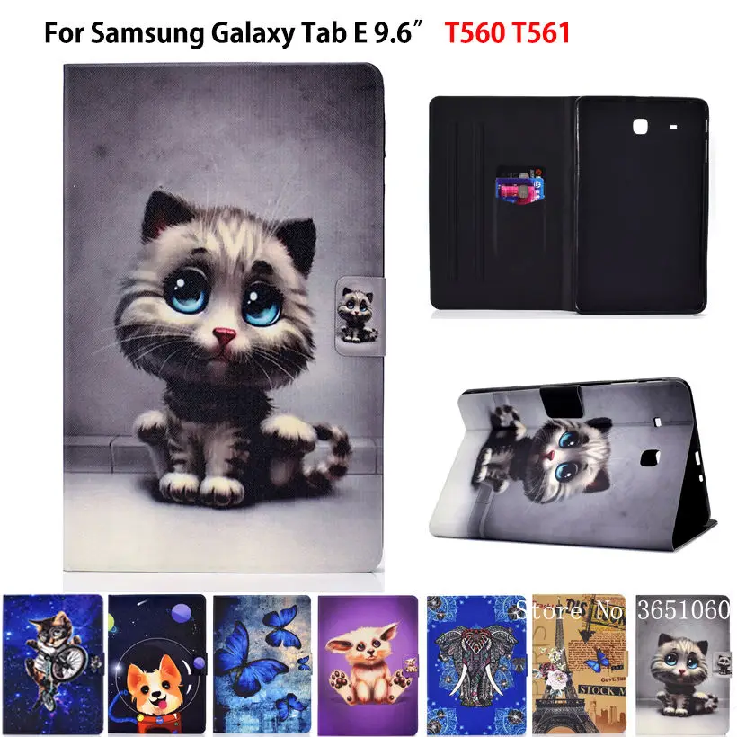 Cute Cat Case For Samsung Galaxy Tab E 9.6 inch T560 SM-T560 T561 Cover Cases Funda Silicone PU Leather Flip Stand Shell Capa