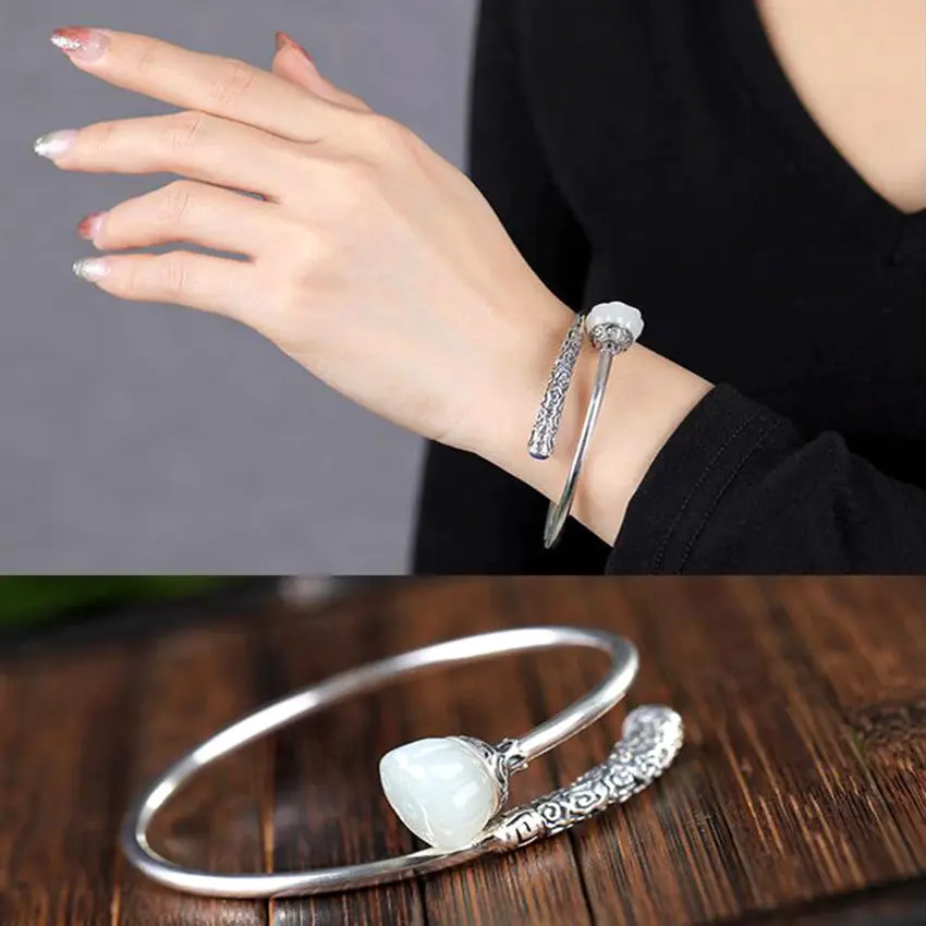 Real S925 Silver Bangle Hand-inlay Hetian White Jade Lucky Chinese Classical Style Women Bracelet Ornaments+Free Gift Box