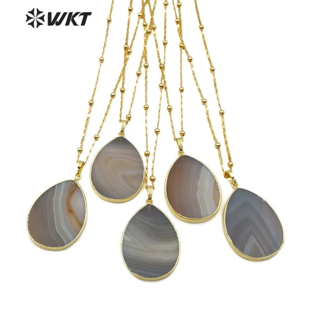 

WT-N1151 Natural Agates Necklace Teardop Shape Grey Strip Agates Pendant With Gold Layer Necklace Women Boho Jewelry