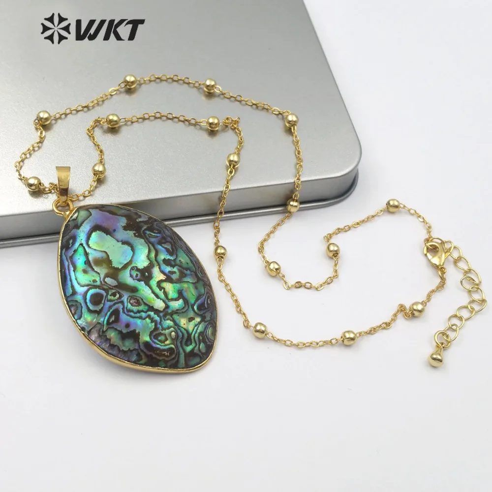 

WT-JN080 Abalone Shell Necklace Egg Shape Paua Shell Gold Trim Pendant Coloful Sea Shell Jewelry For Women Fashion Necklace