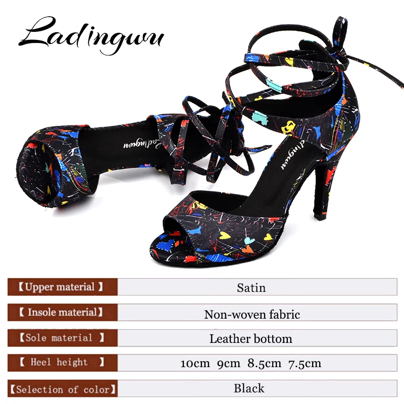 Ladingwu New Modern Floral Satin Salsa Dance Shoes Woman Girls Simple Style Latin Dance Shoes Soft Bottom Ballroom Dance Shoes