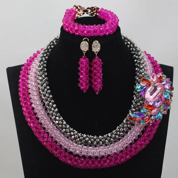 

Hot New Pink Fuchsia Crystal Jewelry Set Fashion 3 Layers Silver/Pink Bridesmaid Necklace Earrings Set Free ShippingABL898