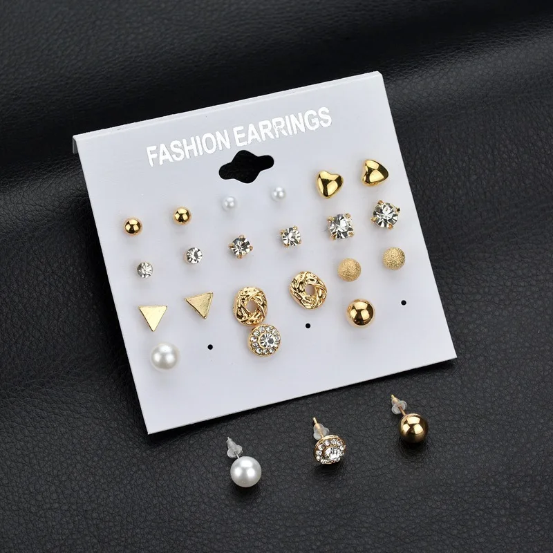 12 Pair/set Fashion Women Square Crystal Heart Stud Earrings For Women Piercing Simulated Pearl Earrings Pendientes Bijoux