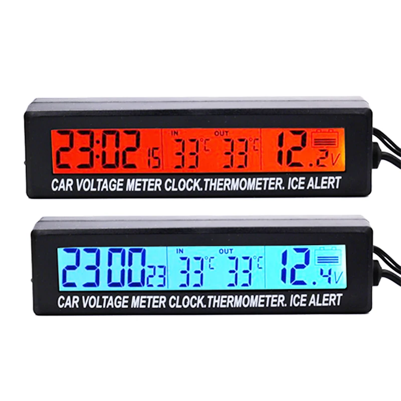 New 3 in 1 Digital auto Car Voltage meter In/Out Car Temperature Thermometer clock Ice alert volt Detector Blue Orange backlight