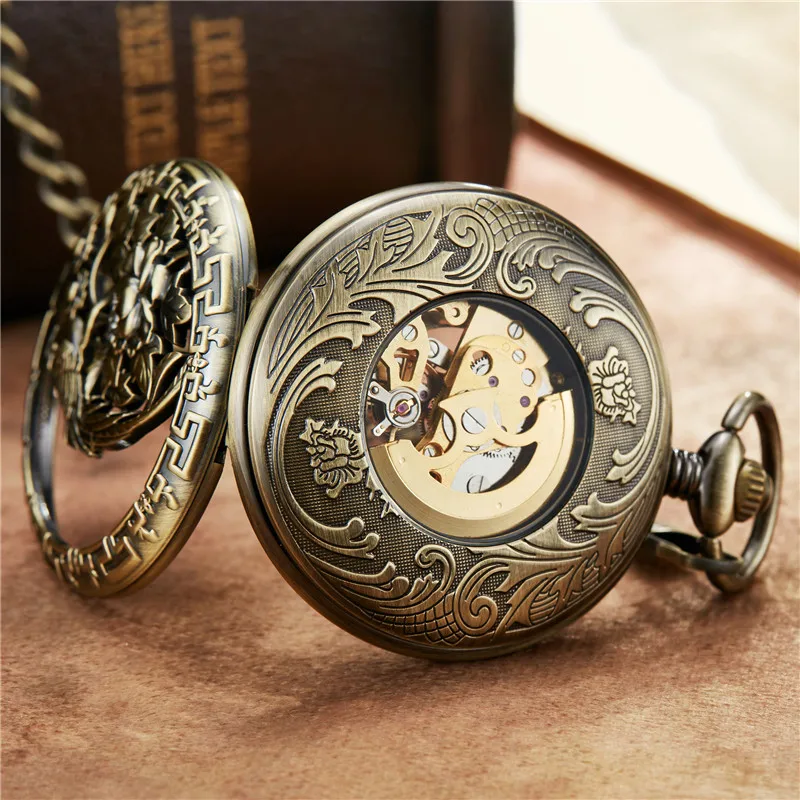 Vintage Flower Phoenix Carving Roman Dial Mehanical Pocket Watch FOB Chain  Hand Wind Mechanical Mens Women Wedding Gift Watch