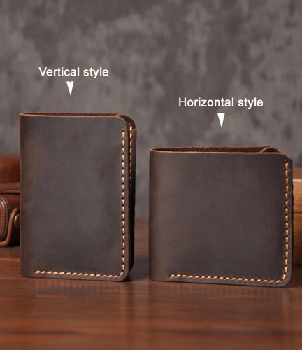 Imagen 2 del producto Cartera de cuero genuino hecha a mano Vintage Crazy horse para hombre, monedero de cuero para tarjetas cortas, Clips para dinero, bolsa para dinero