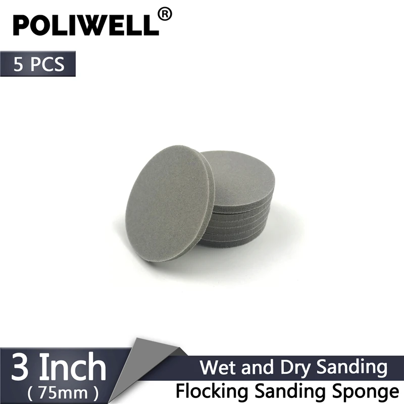 

POLIWELL 5PCS 3 Inch 75 mm Flocking Disc Sanding Sponge Grit 150~2000 Wet and Dry Sponge Sandpaper for Grinding Polishing Tools