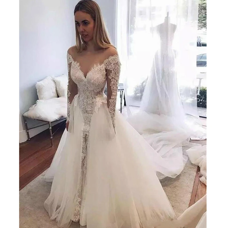 Vestidos de novia largos de sirena con tren desmontable, de encaje campestre, de manga larga, baratos, 2021