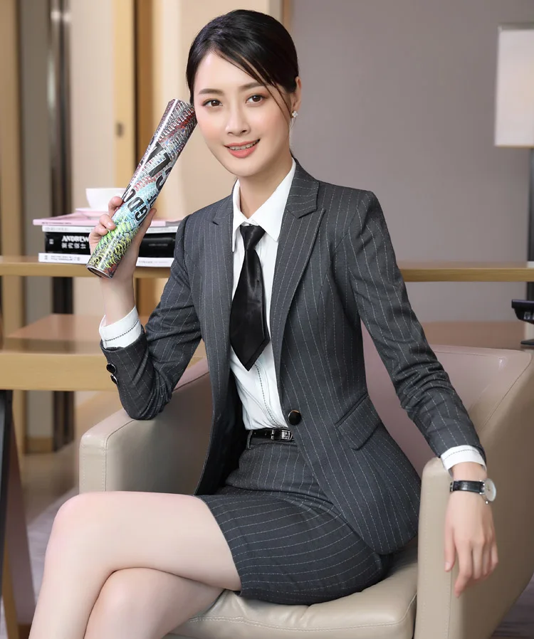 Baru Wanita Stripe Panjang Lengan OL Ramping Profesional Wanita Setelan Profesional Kantor Setelan Wawancara Suit