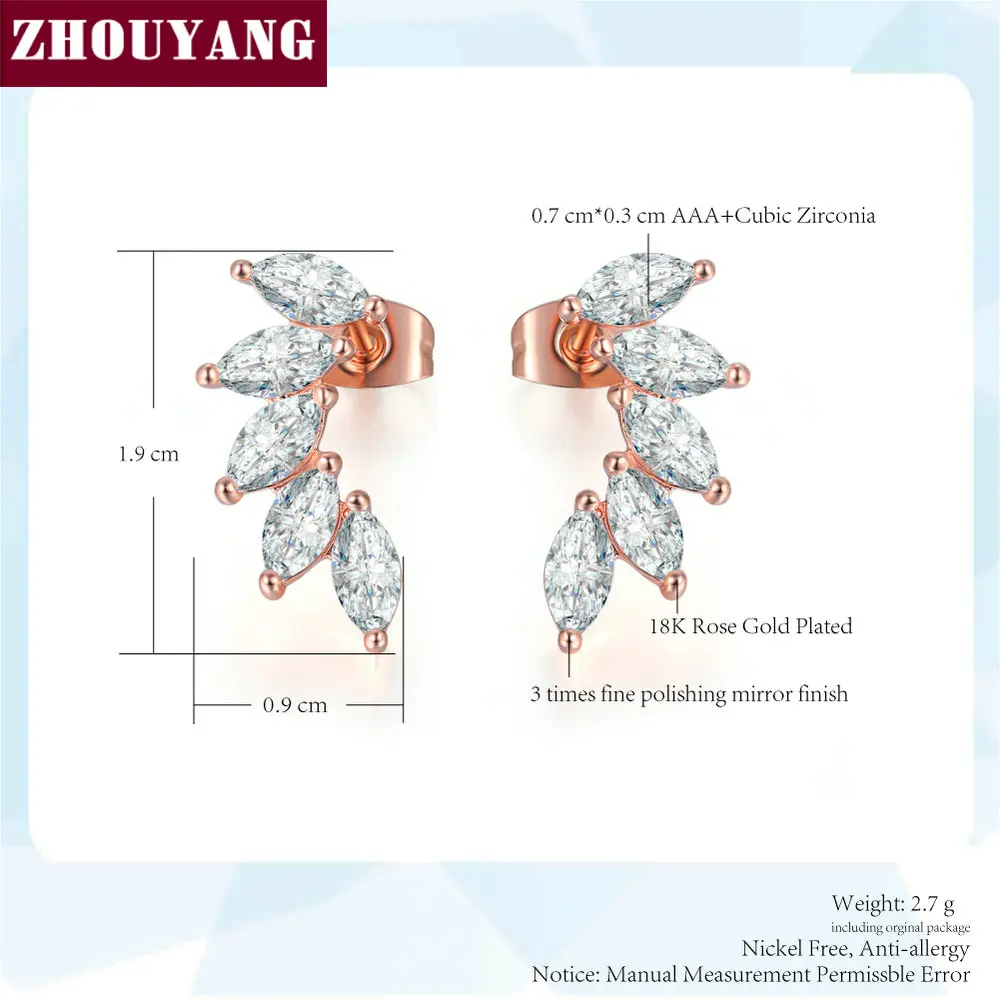 ZHOUYANG Stud Earrings For Women Cubic Zirconia Angel Wings RoseGold Color / Silver Color Fashion Jewelry KC164 KC165 KC173