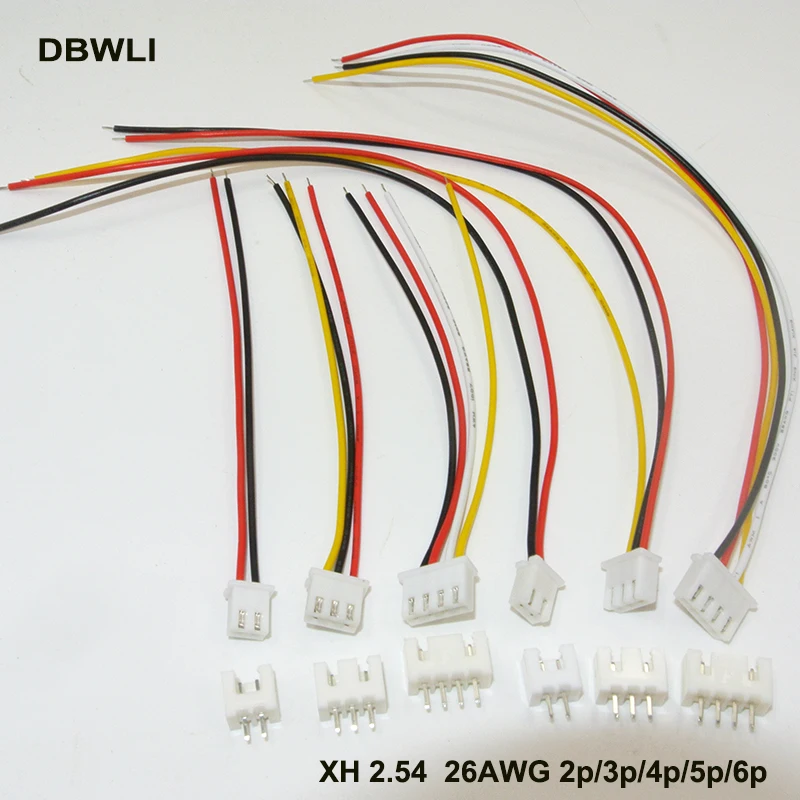 10Sets XH2.54 XH 2.54mm Wire Cable Connector 2/3/4/5/6P Pin Connectors Plug with 80mm 100mm 150mm 200mm 26AWG
