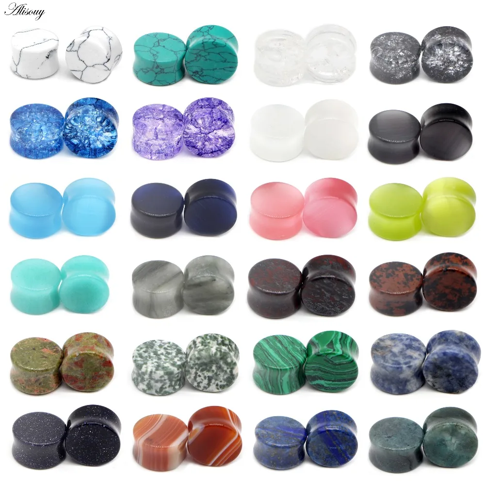 Alisouy 2Pcs Stone Ear Tunnel Plugs Mixed Styles Single Flared Ear Flesh Gauges Piercing Ear Expander Stretcher Unisex Jewelry