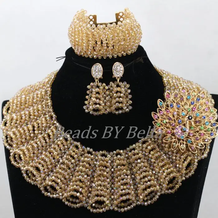 

Terrific New Chunky Layered Champagne Gold Nigerian Beads Jewelry Set Wedding African Jewelry Sets Handmade Free Shipping ABK651