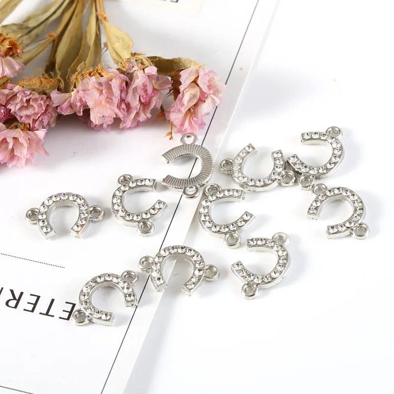 Trendy Silver Color Alloy Rhinestone Horseshoe shaped Pendant Connectories For Making Jewelry DIY 20pcs Wholesale