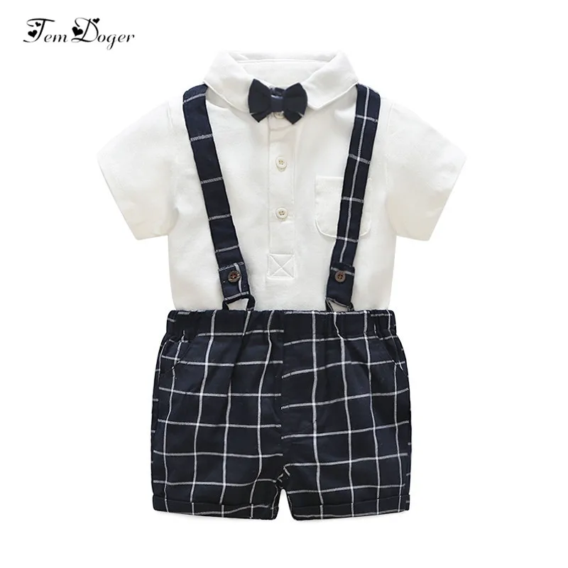 

Tem Doger Summer Baby Boys Clothes Infant Cotton Gentleman Sets Short Sleeves Tie Rompers+Plaid Straps Shorts