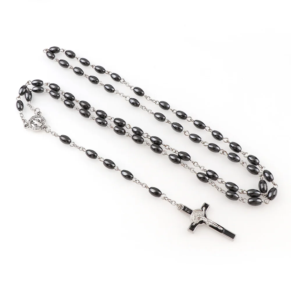 Oval Hematite Bead Catholic Rosary Pendant Necklace Alloy Cross Jesus Cross Pendant Benedict Connectors Religious Necklaces