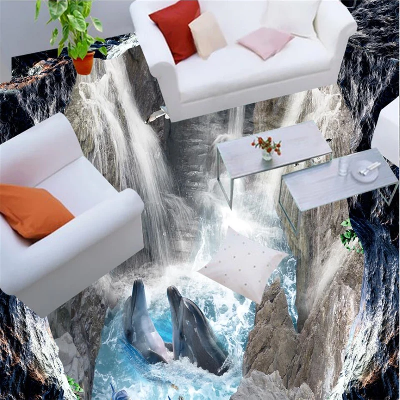 

wellyu 3D valley cliff waterfall sea bathroom walkway 3D floor custom large fresco pvc waterproof thick wearable