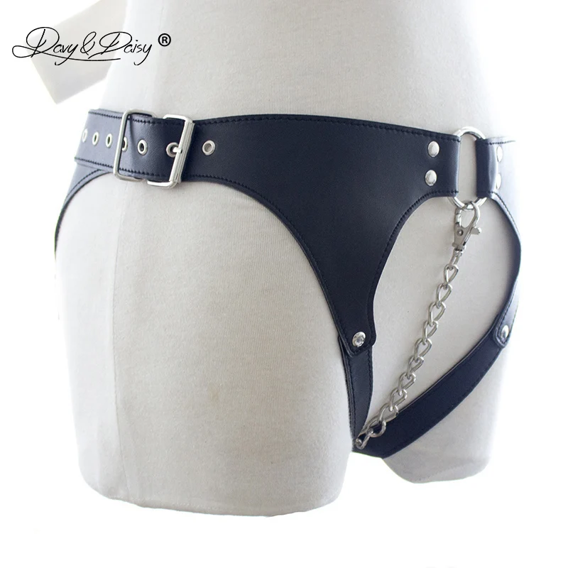 DAVYDAISY Women Chastity Belt Open Crotch Chain Sexy Panties PU Leather Thong Sexy Lingerie Exotic Briefs Female Underwear UN521