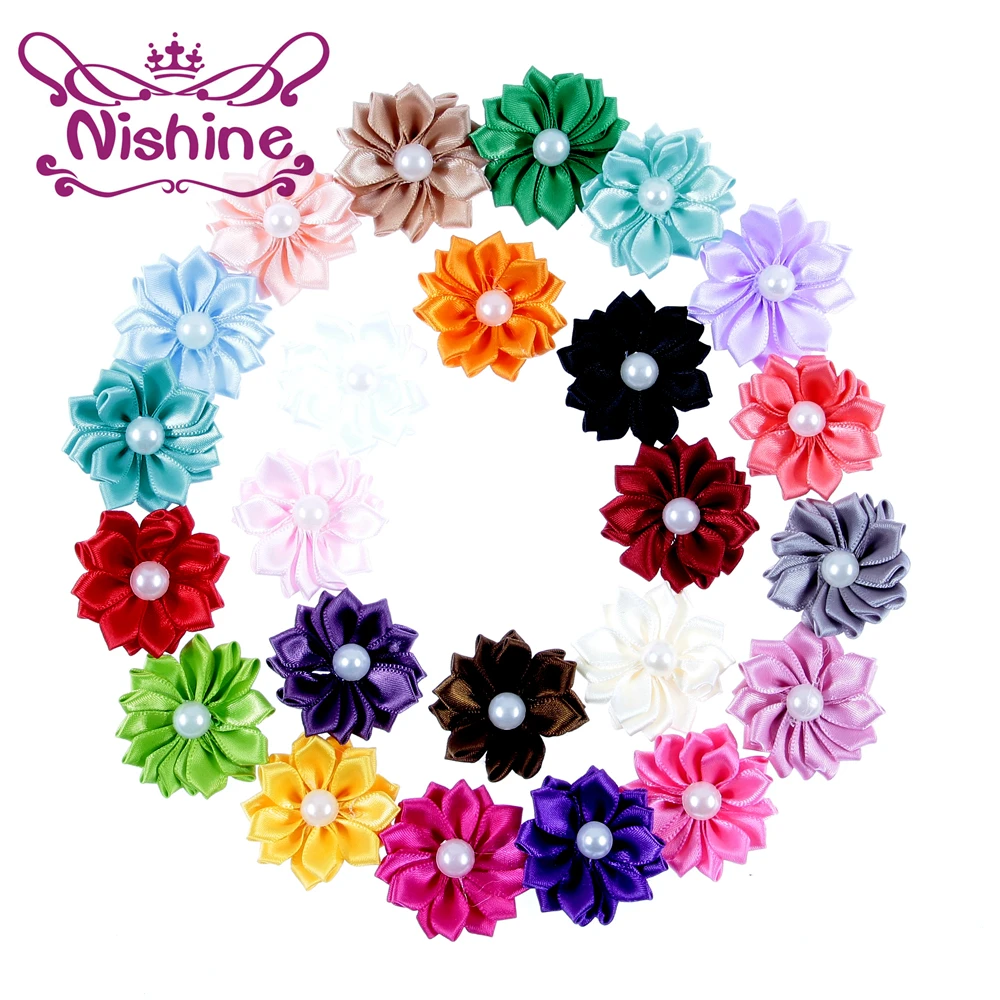 

Nishine 50pcs 1.4" Chic Handmade Ribbon Flower with Pearl Center DIY Kids Headwear Girls Hair Clips Children Hair Accessories