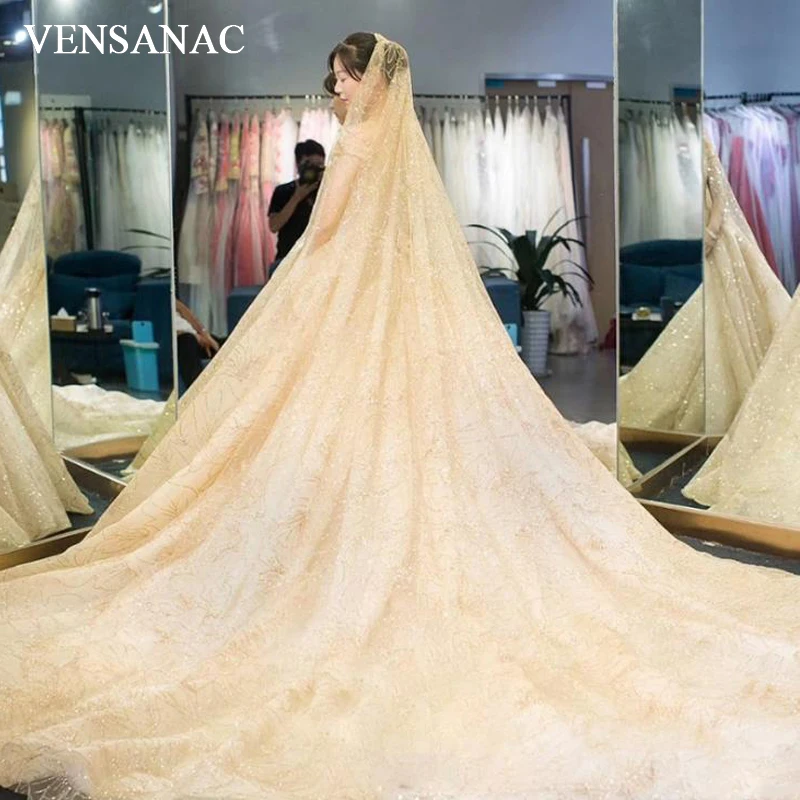 VENSANAC V Neck Lace Ball Gown Wedding Dresses Off The Shoulder Sequined Chapel Train Backless Bridal Gowns