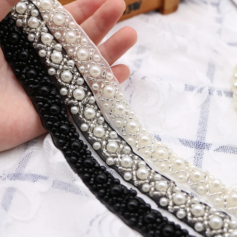 White Pearl Seed Bead Beaded Trims Sew On collar Ribbon 1cm 1.5cm Width for Jewelry Headpiece DIY Dress belt