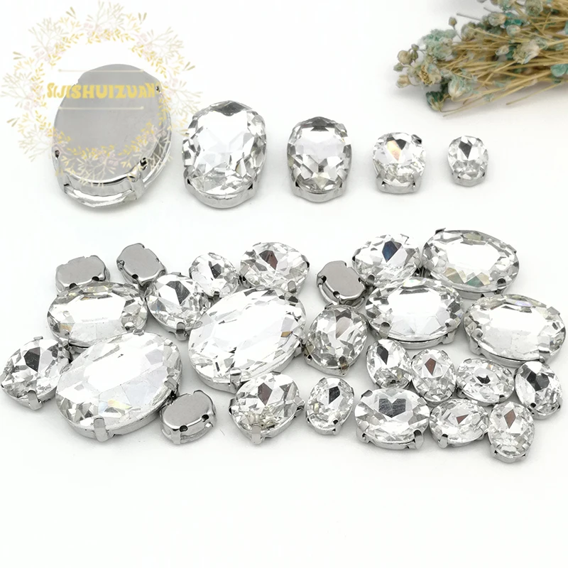 Impostazione artiglio d\'argento 30 pz/borsa forme ovali bianche Mix Clear Gass Crystal Sew On strass abito da sposa scarpe borsa fai da te Trim