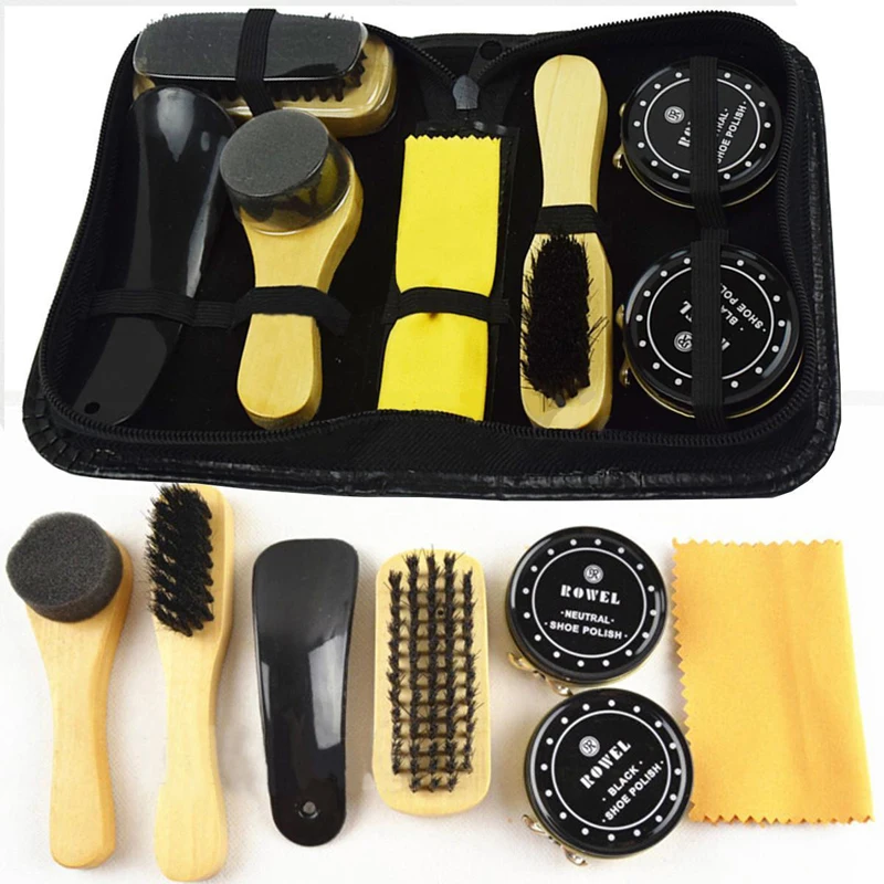 JX-LCLYL 7 in 1 Travel Case Black & Neutral Shoe Shine Polish Brushes Cleaning Set Kit